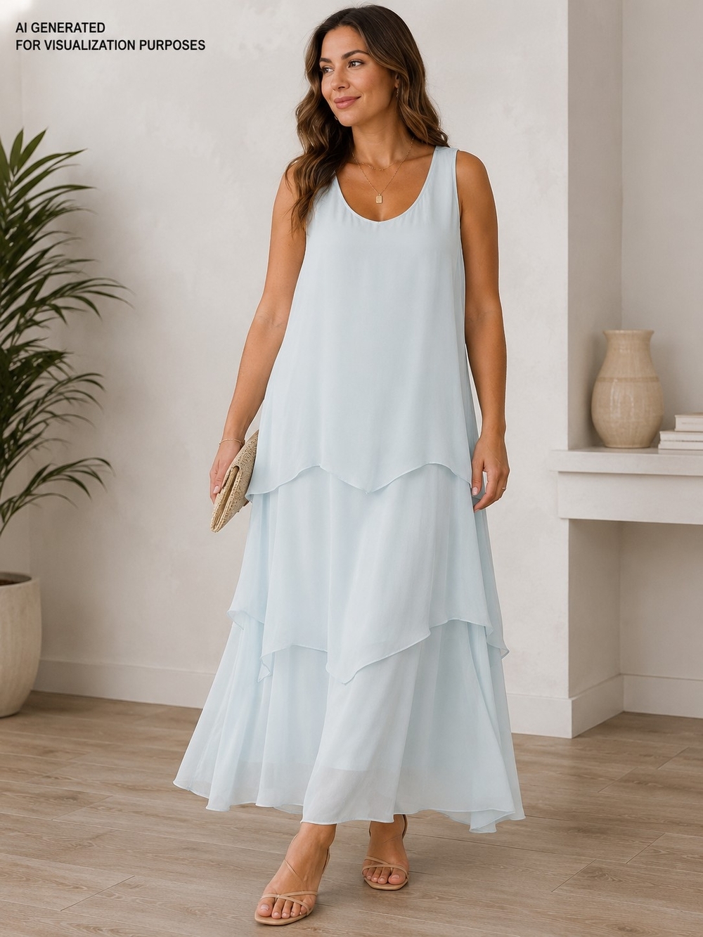 Light Whispered Blue Silk Layered Maxi Dress - M